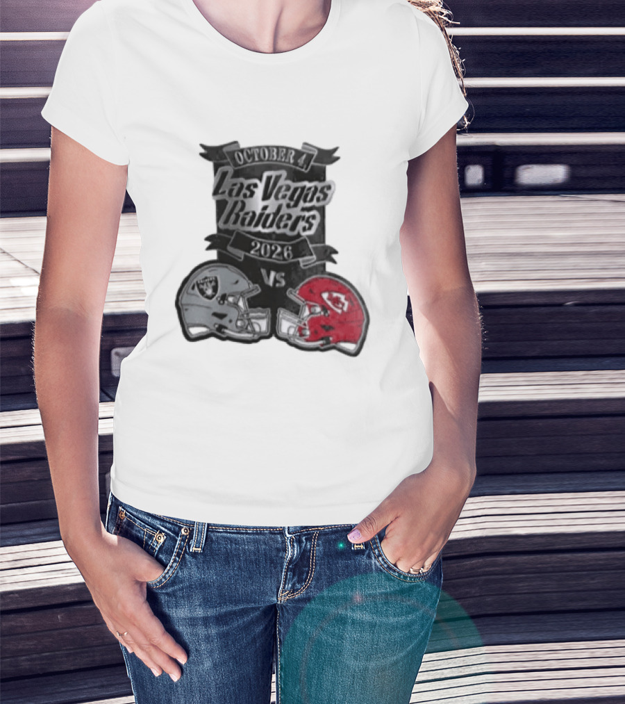 Las Vegas Raiders Vs 2026 October 4 Red Silver Opposing Football Helmets T-Shirt