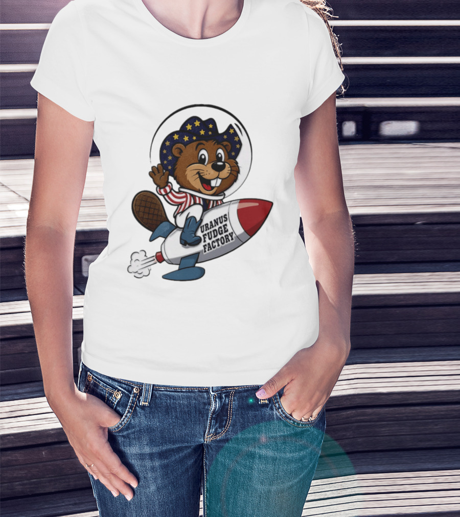 Uranus Fudge Factory Patriotic Beaver Riding Rocket T-Shirt