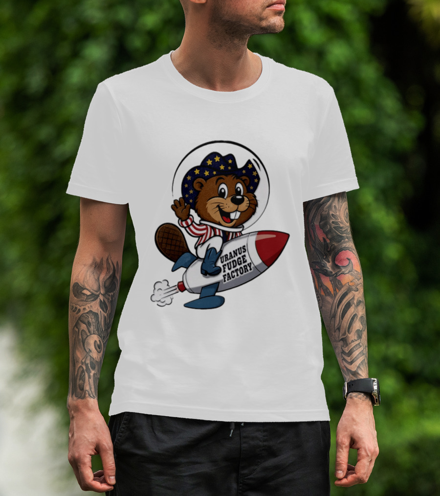 Uranus Fudge Factory Patriotic Beaver Riding Rocket T-Shirt