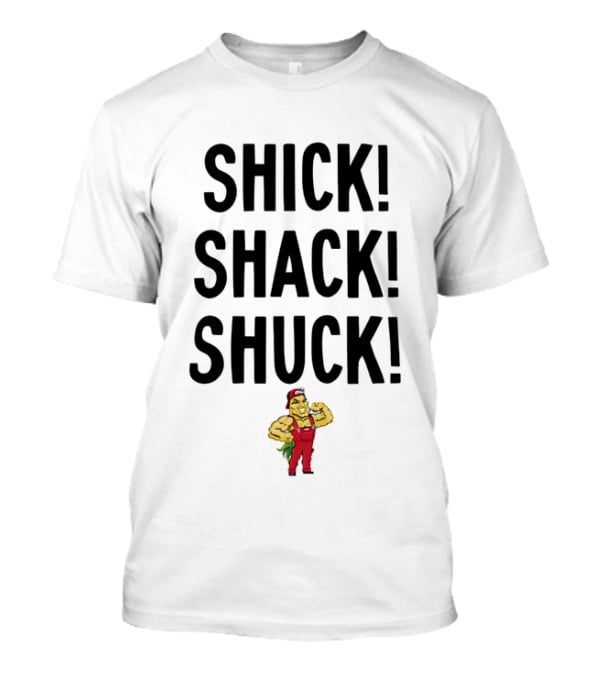SHICK SHACK SHUCK Strongman Red Overalls Cartoon T-Shirt