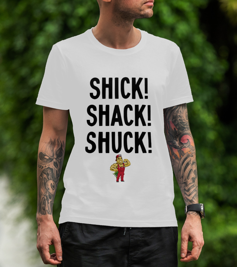 SHICK SHACK SHUCK Strongman Red Overalls Cartoon T-Shirt