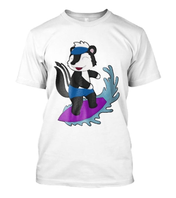 Skunk Surfing Cartoon On Purple Surfboard With Blue Waves And Summer Vibes T-Shirt