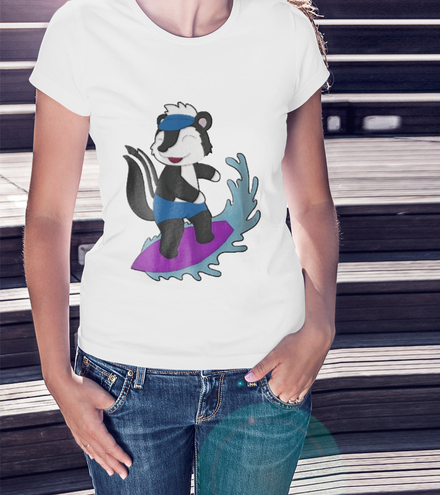 Skunk Surfing Cartoon On Purple Surfboard With Blue Waves And Summer Vibes T-Shirt