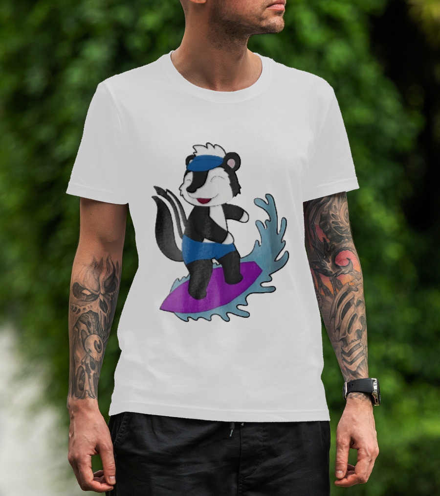 Skunk Surfing Cartoon On Purple Surfboard With Blue Waves And Summer Vibes T-Shirt