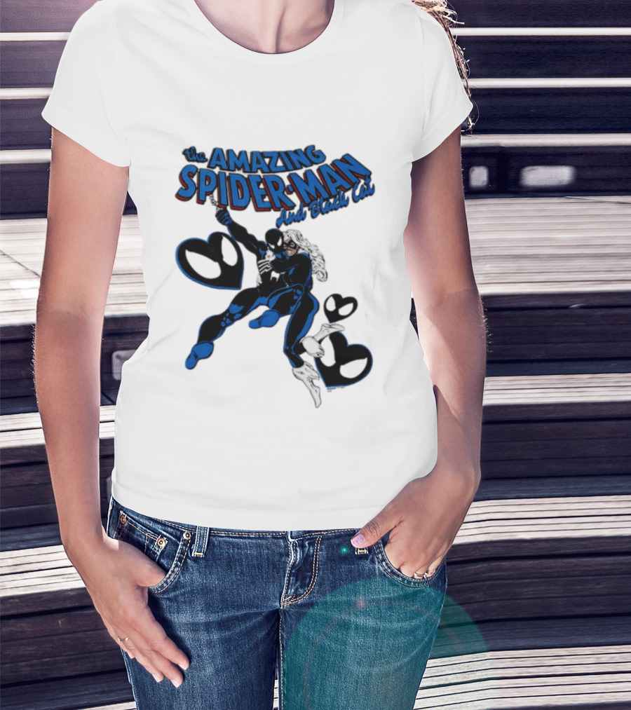 The Amazing Spider Man Hugs Black Cat With Hearts T-Shirt