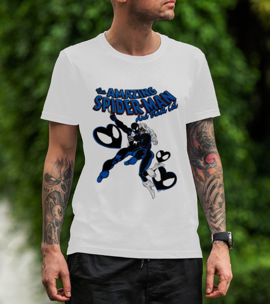 The Amazing Spider Man Hugs Black Cat With Hearts T-Shirt