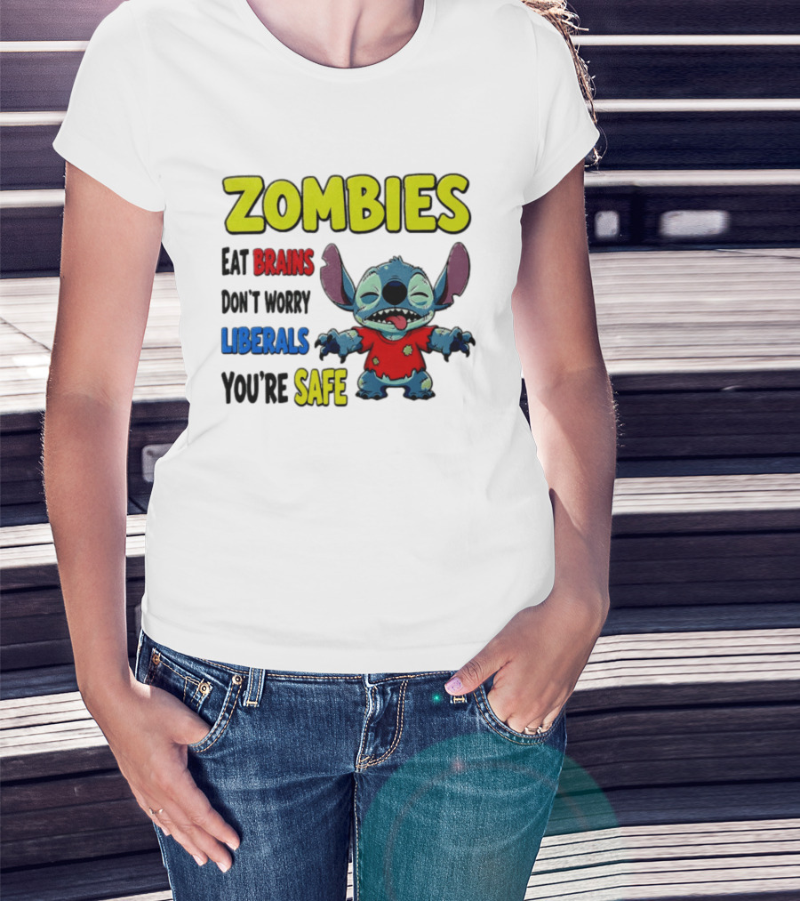 Zombies Eat Brains Don't Worry Liberals You're Safe Stitch Cartoon Creature Stitched Red T-Shirt