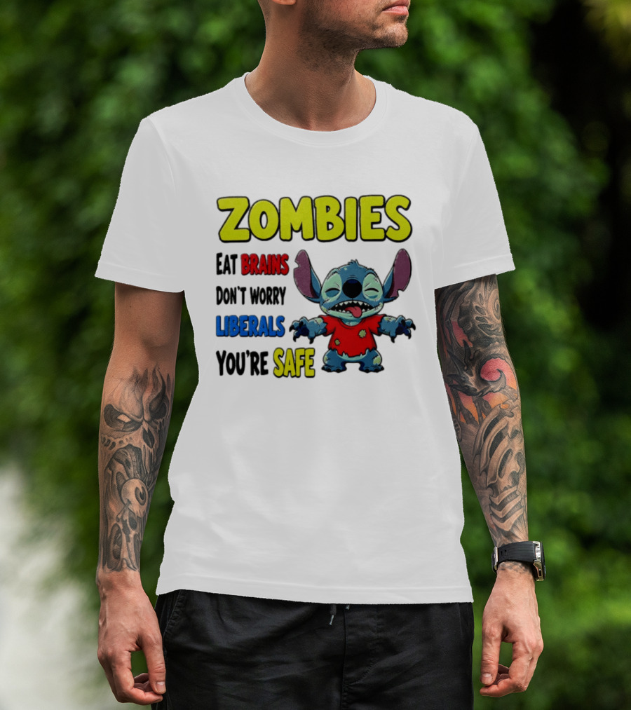 Zombies Eat Brains Don't Worry Liberals You're Safe Stitch Cartoon Creature Stitched Red T-Shirt