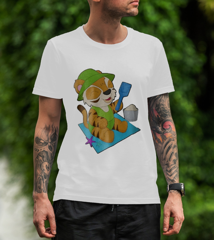 Playful Tiger Beach Sand Adventure Summer Scene T-Shirt