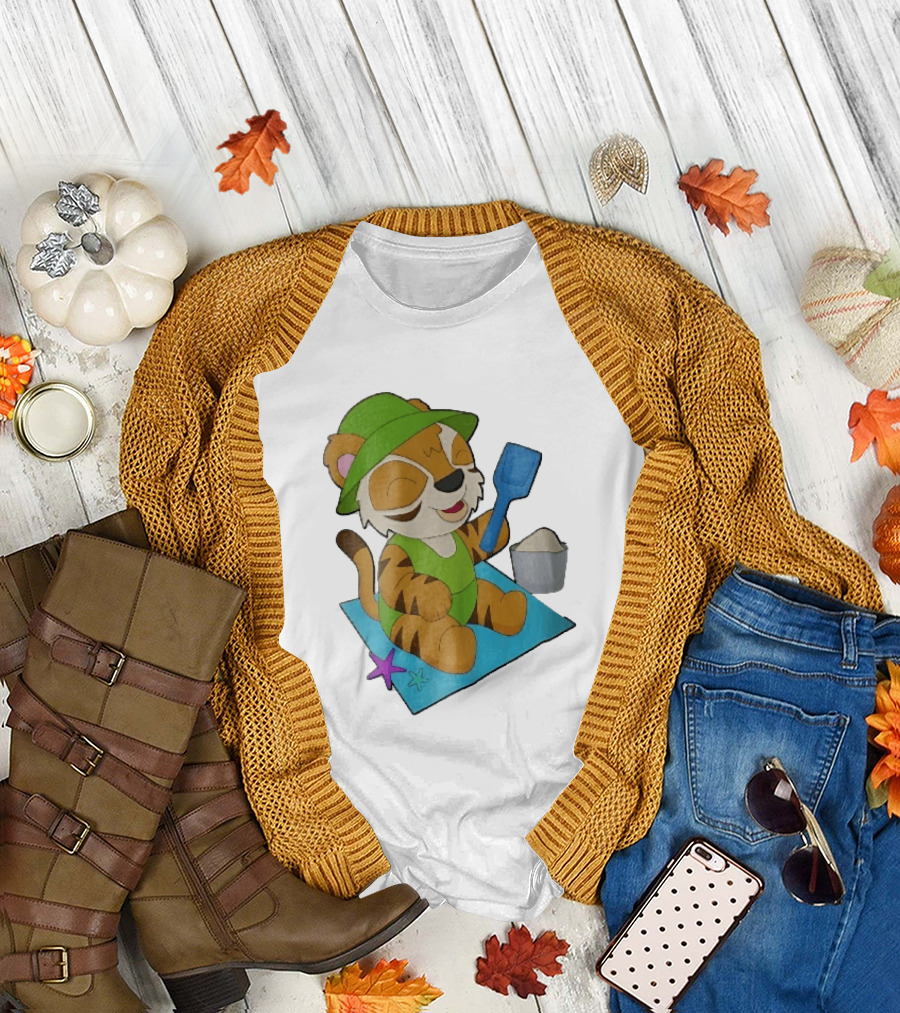 Playful Tiger Beach Sand Adventure Summer Scene T-Shirt