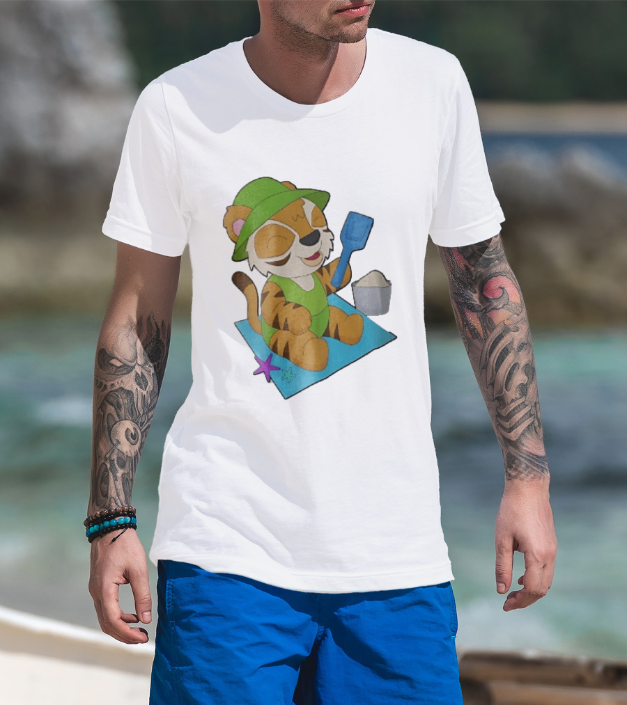 Playful Tiger Beach Sand Adventure Summer Scene T-Shirt