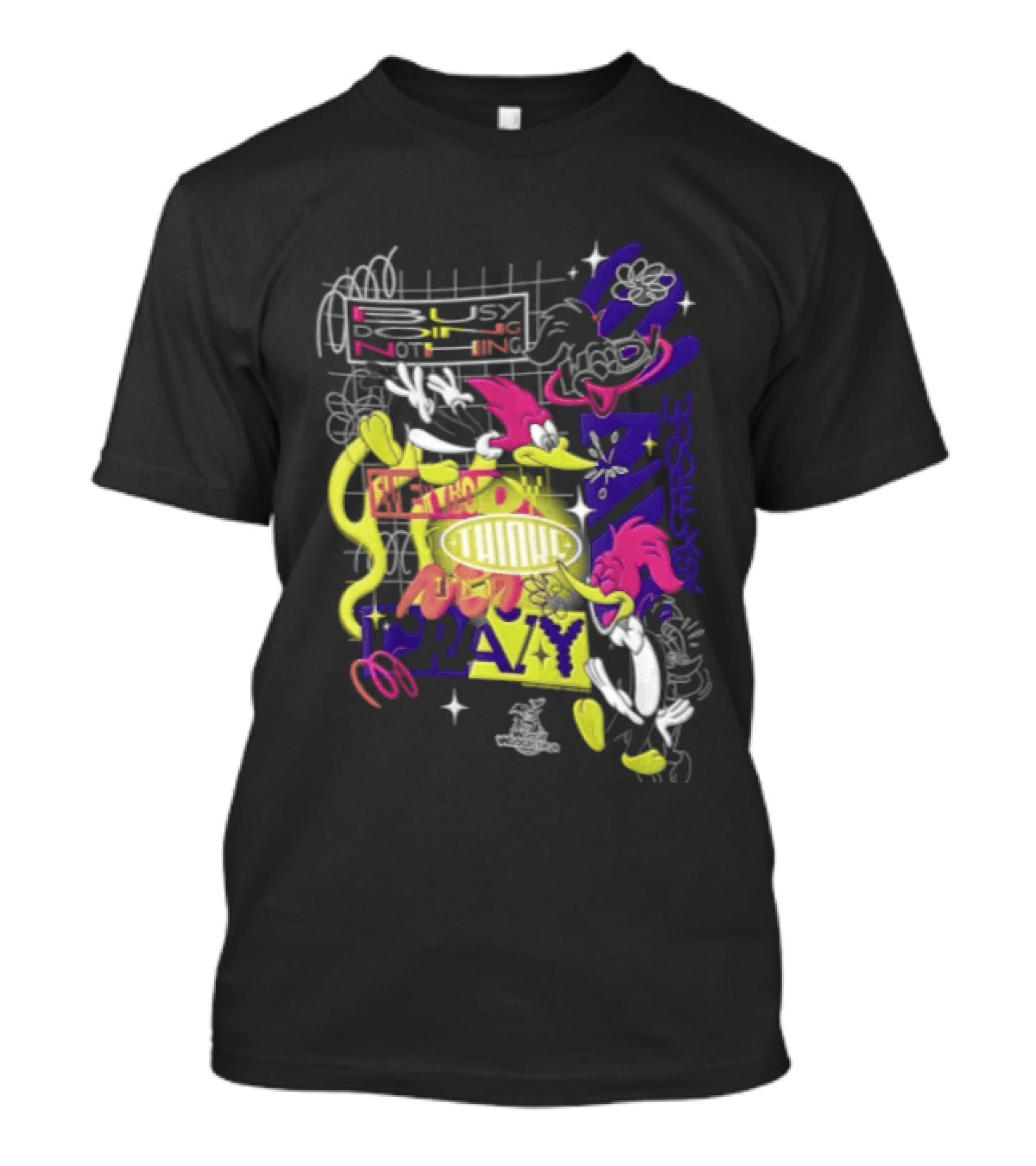 Busy Doing Nothing Everybody Thinks I'm Crazy Woody Woodpecker Walter Lantz Neon Grid Poses T-Shirt