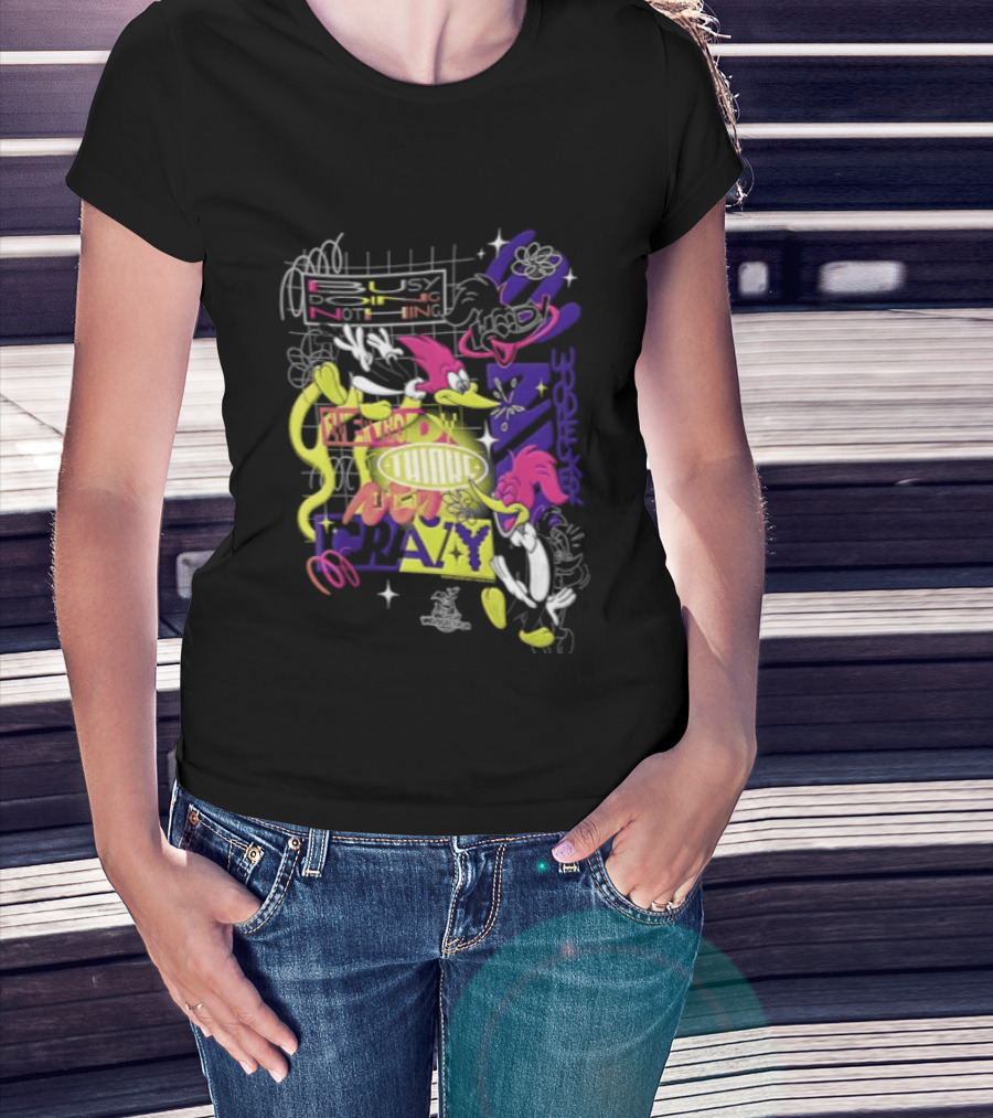 Busy Doing Nothing Everybody Thinks I'm Crazy Woody Woodpecker Walter Lantz Neon Grid Poses T-Shirt