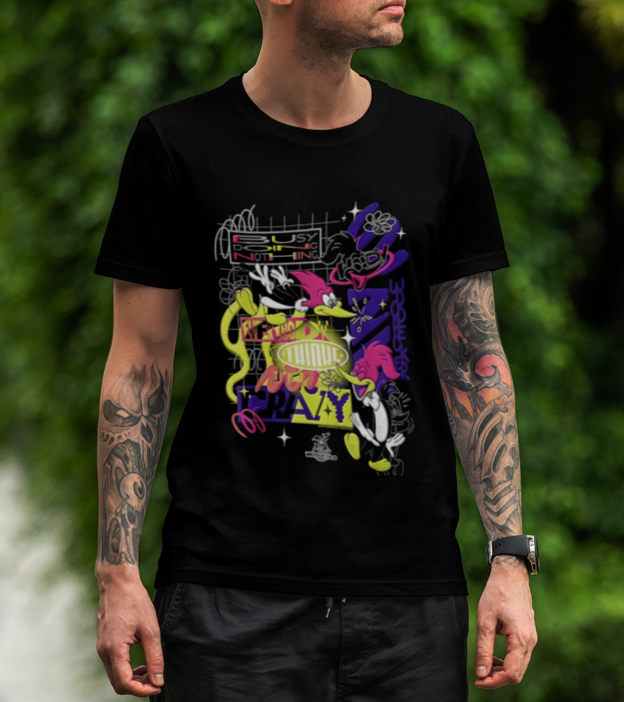 Busy Doing Nothing Everybody Thinks I'm Crazy Woody Woodpecker Walter Lantz Neon Grid Poses T-Shirt