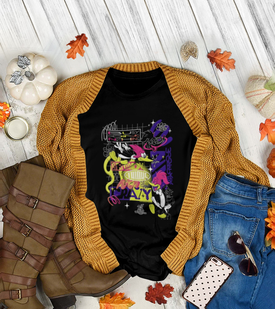 Busy Doing Nothing Everybody Thinks I'm Crazy Woody Woodpecker Walter Lantz Neon Grid Poses T-Shirt