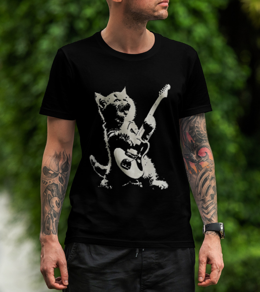 Cat Playing Electric Guitar Rocker Meowing Stencil Splatter Black And White T-Shirt