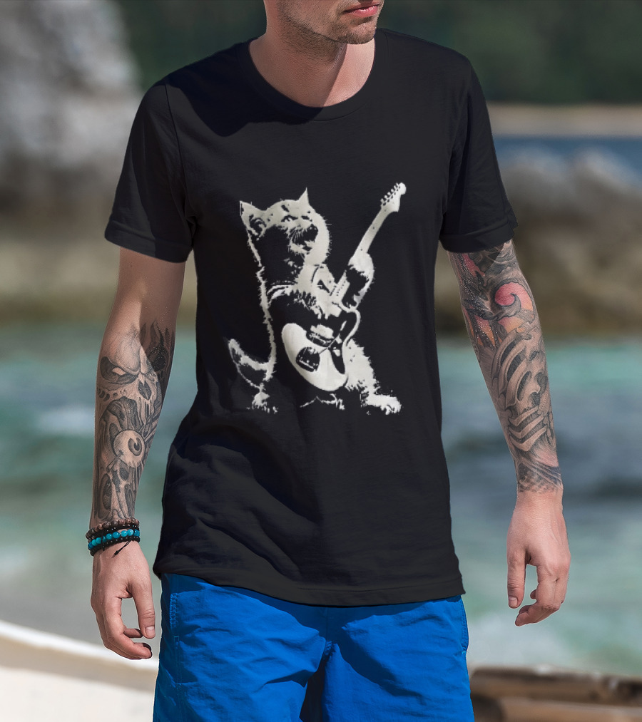 Cat Playing Electric Guitar Rocker Meowing Stencil Splatter Black And White T-Shirt