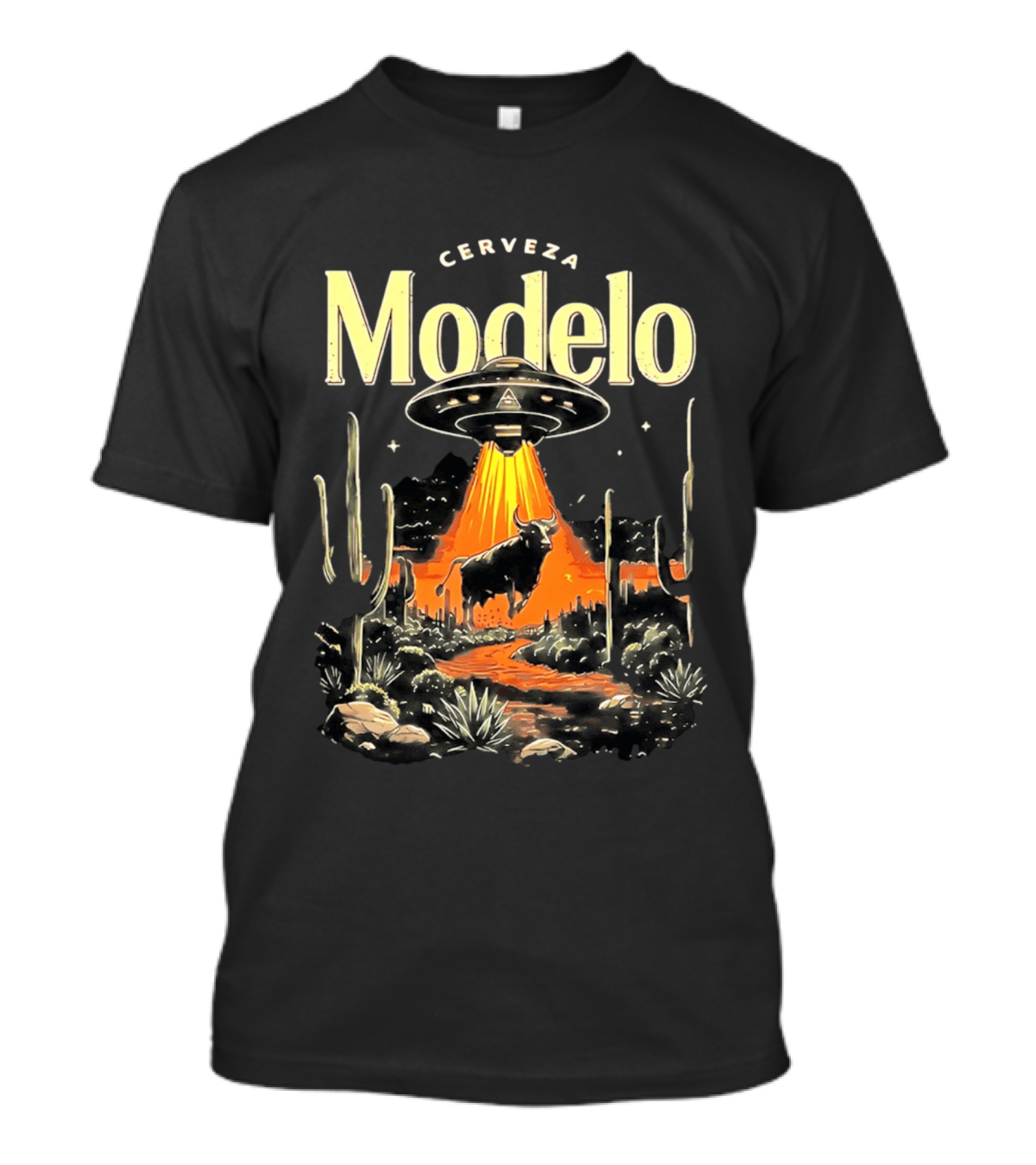 Cerveza Modelo UFO Abduction With Cow And Desert Cactus Scene T-Shirt