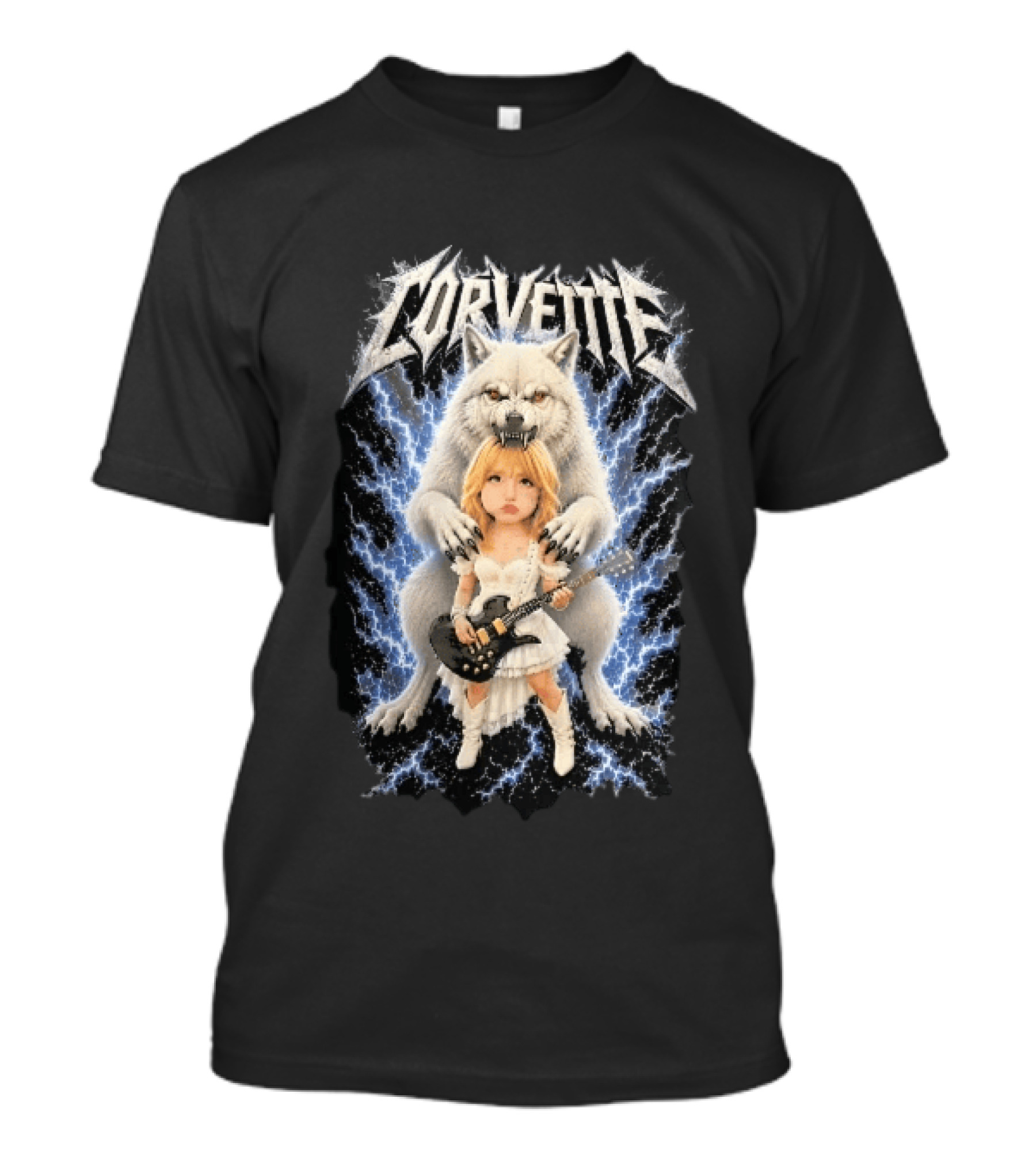 Corvette Chibi Blonde With Electric Guitar White Wolf And Lightning Heavy Metal T-Shirt