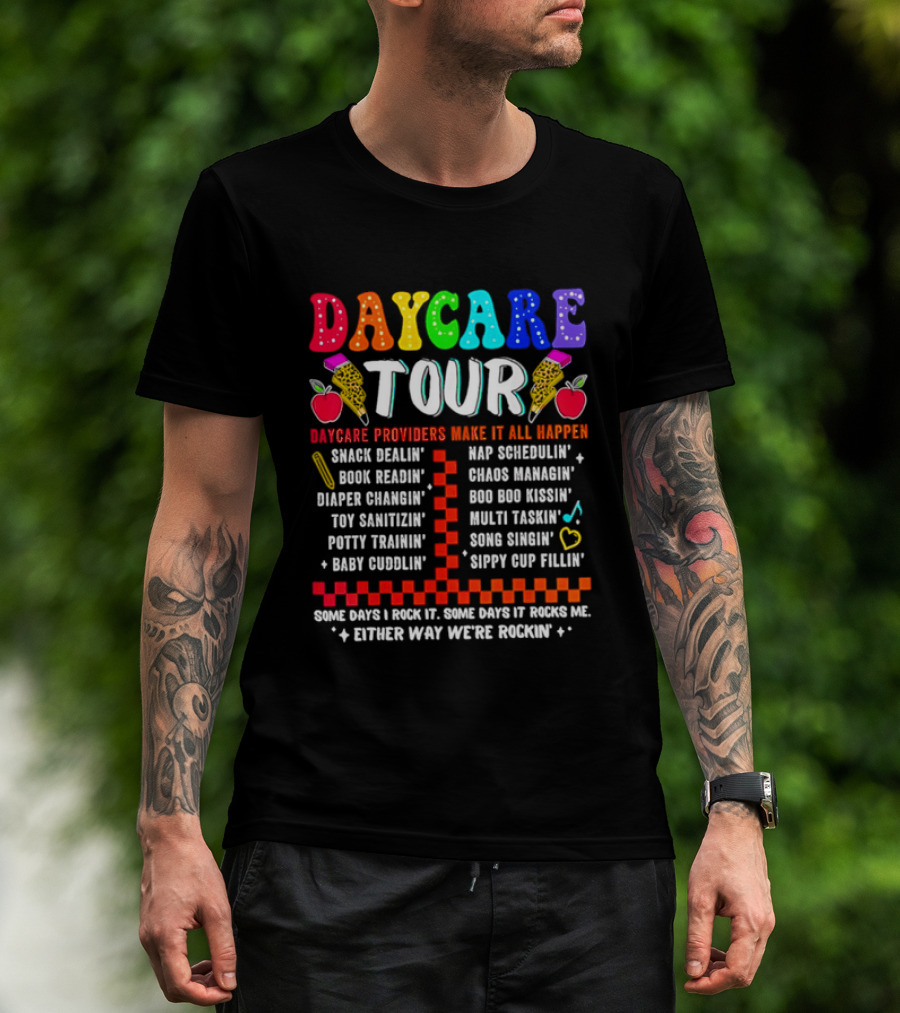 Daycare Tour Snack Dealer Nap Specialist Boo Boo Healer Puppet Creator Fun Expert Song Machine T-Shirt