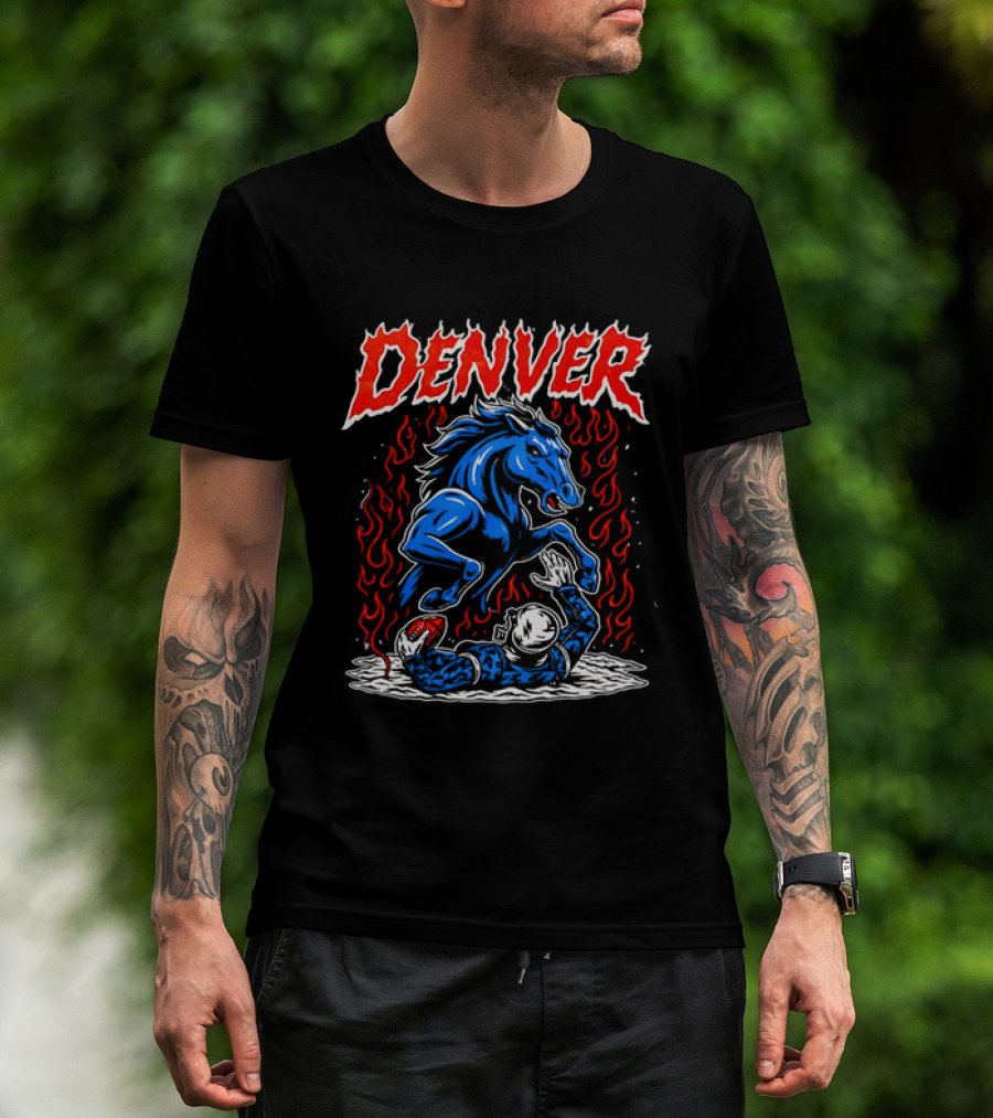 Denver Broncos Blue Horse Fire Football Player Flame T-Shirt