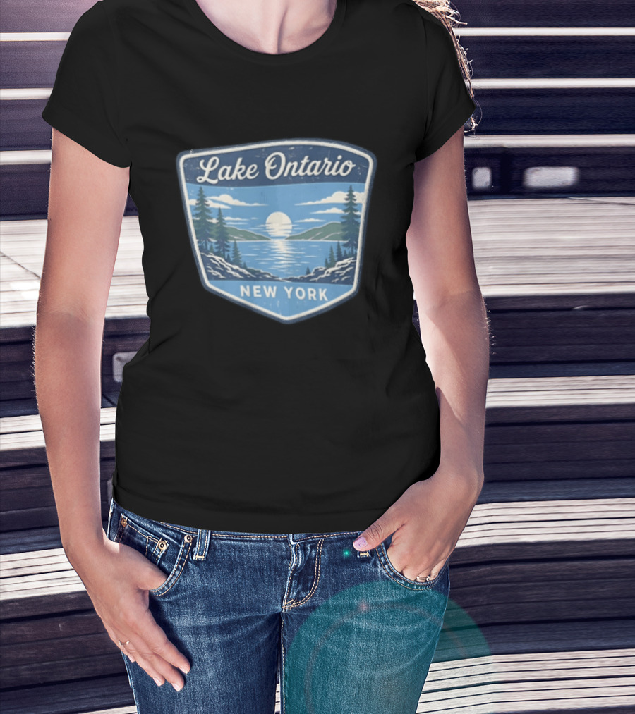 Lake Ontario New York Scenic Nature Badge With Trees And Lake Scene T-Shirt