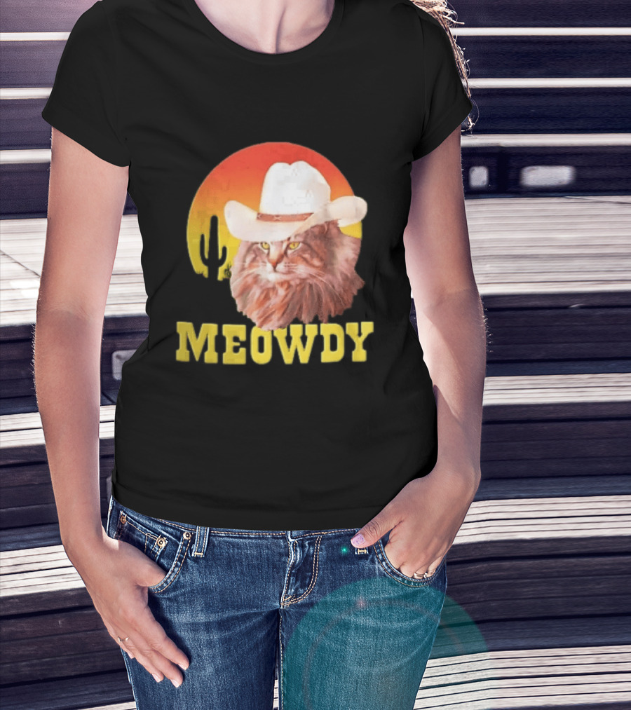 Meowdy Cowboy Cat In White Hat With Sunset And Cactus T-Shirt