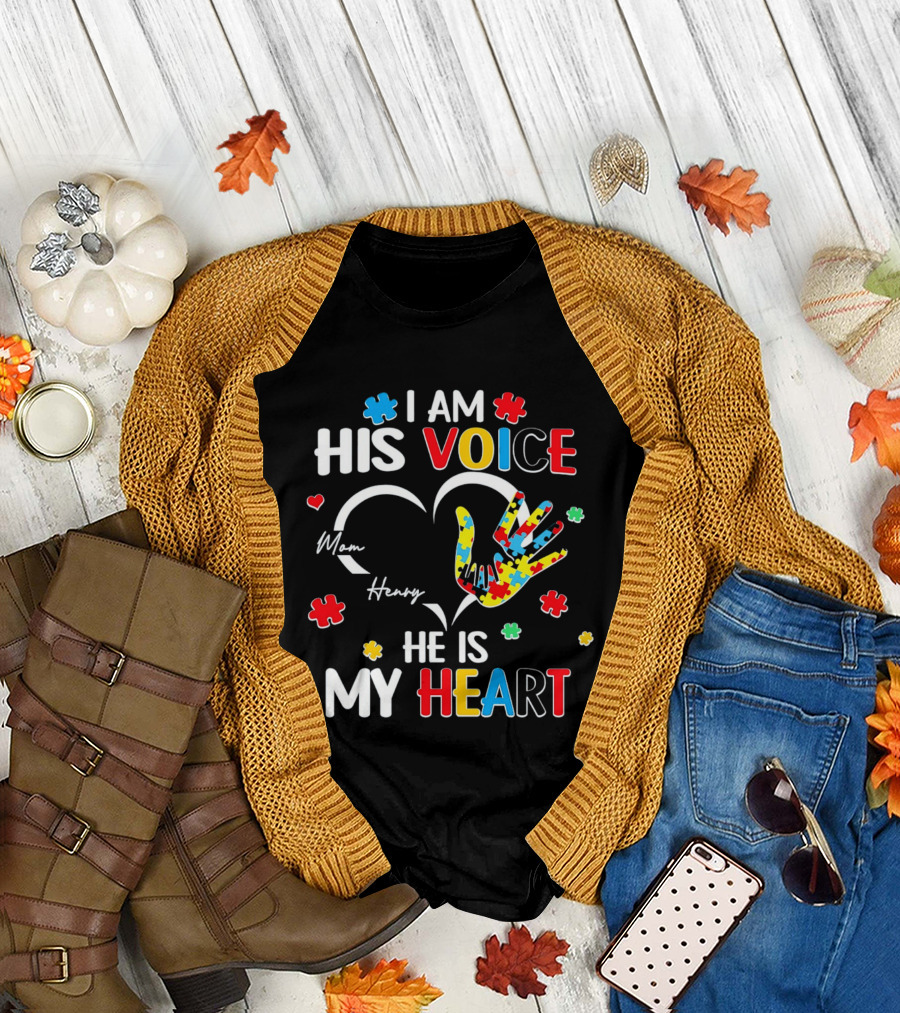 I Am His Voice He Is My Heart Autism Awareness Mom Henry Puzzle Pieces T-Shirt
