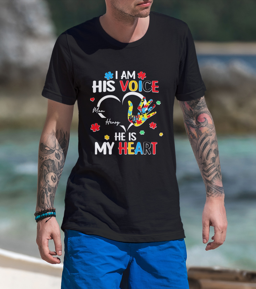 I Am His Voice He Is My Heart Autism Awareness Mom Henry Puzzle Pieces T-Shirt