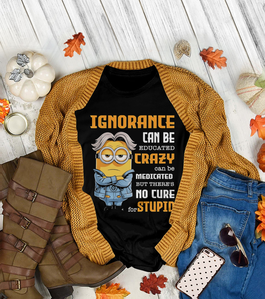 Ignorance Can Be Educated Crazy Can Be Medicated No Cure For Stupid Minion T-Shirt
