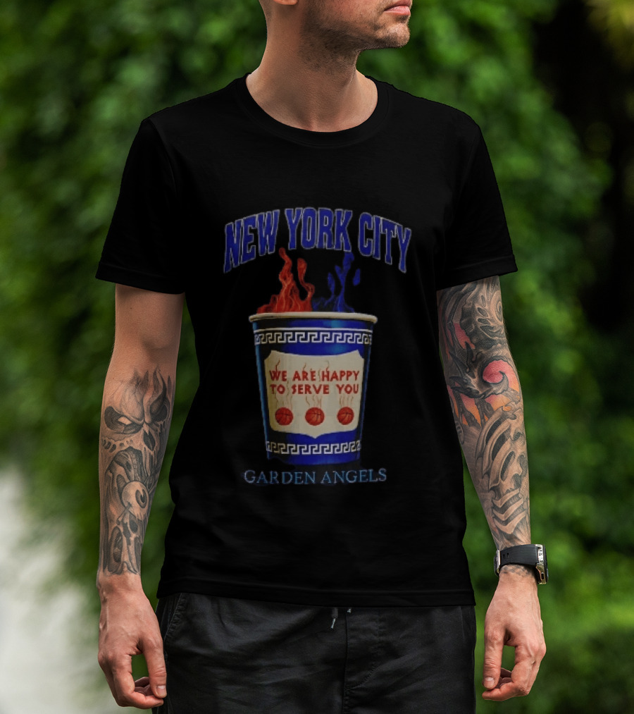 New York City Greek Coffee Cup We Are Happy To Serve You Garden Angels Flaming Basketballs T-Shirt