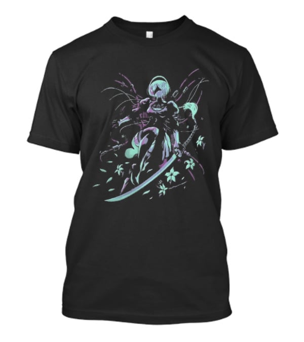 NieR Automata 2B With Pastel Sword And Flower Motif T-Shirt