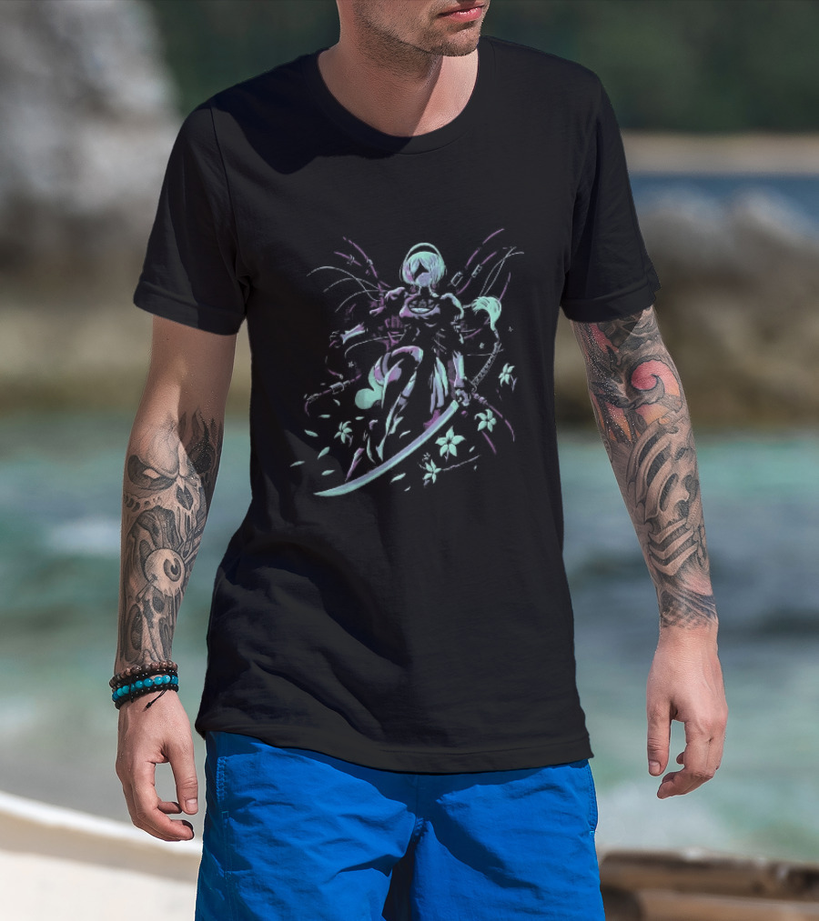 NieR Automata 2B With Pastel Sword And Flower Motif T-Shirt