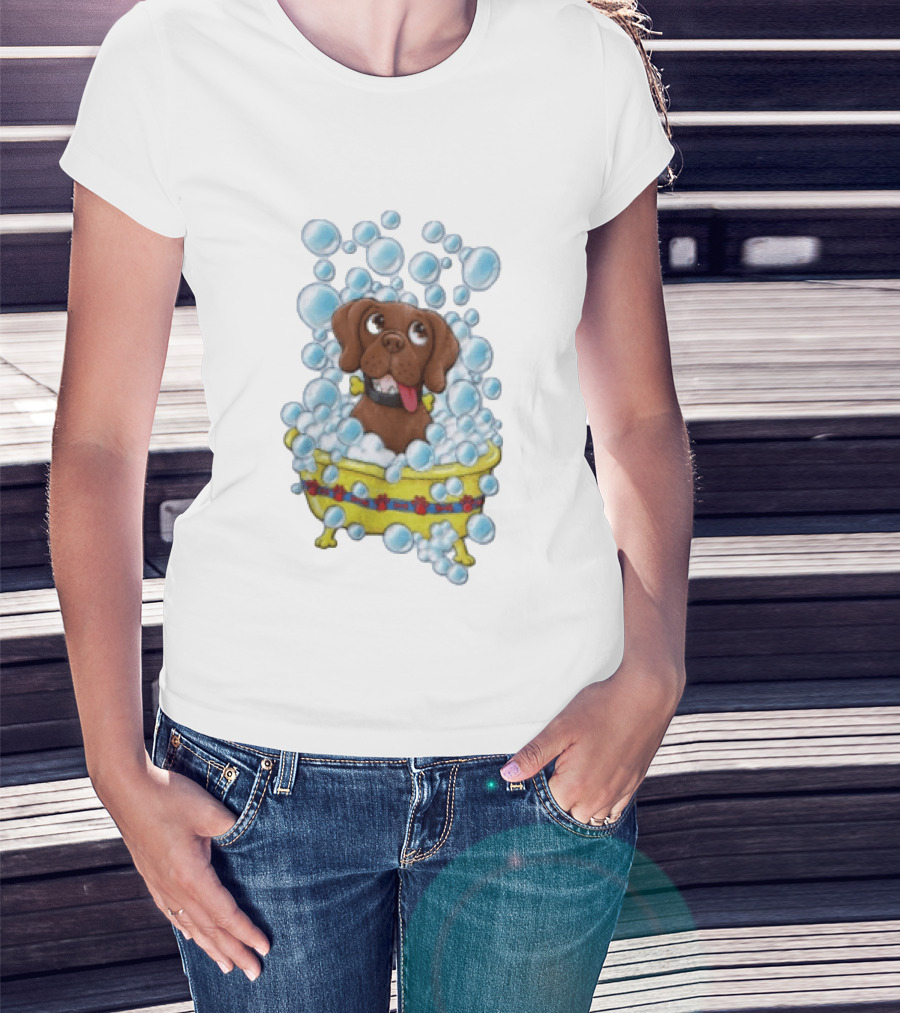 Goofy Dog Surrounded By Bubbles In Yellow Tub T-Shirt