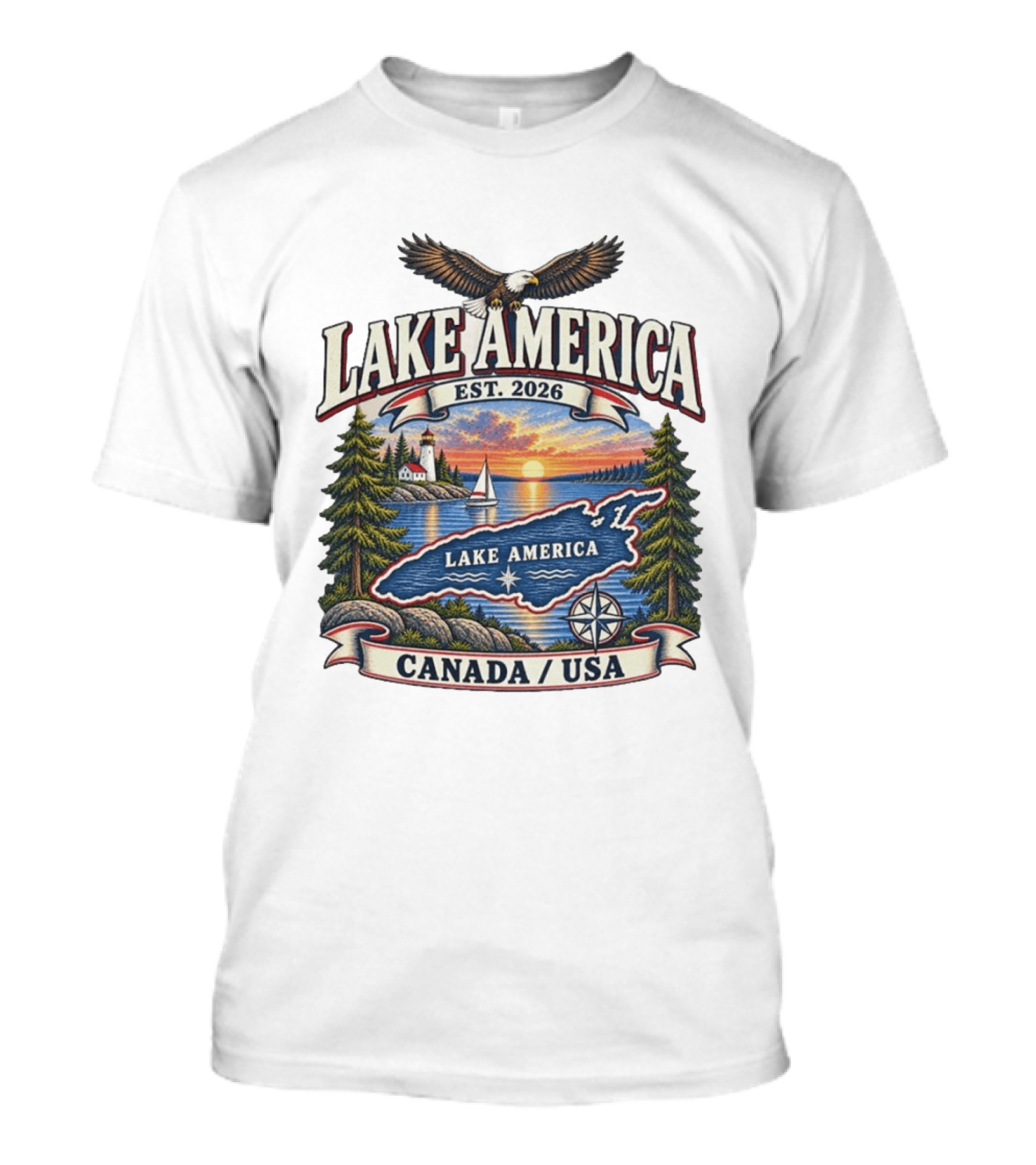 Lake America Est. 2026 Great Lakes Canada USA Scenic Sunset Eagle Sailboat T-Shirt