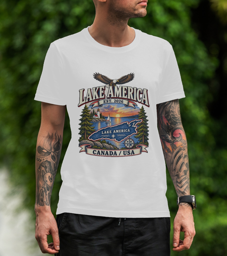 Lake America Est. 2026 Great Lakes Canada USA Scenic Sunset Eagle Sailboat T-Shirt