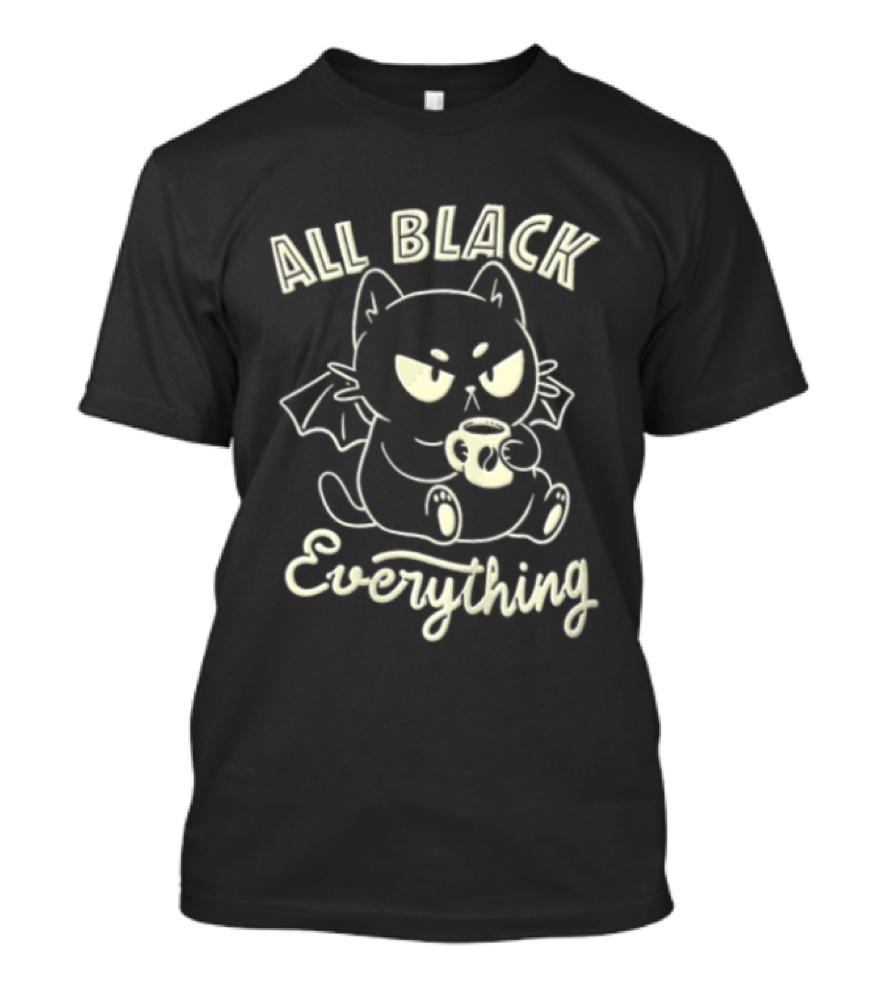 All Black Everything Cartoon Bat Cat Drinking Coffee T-Shirt