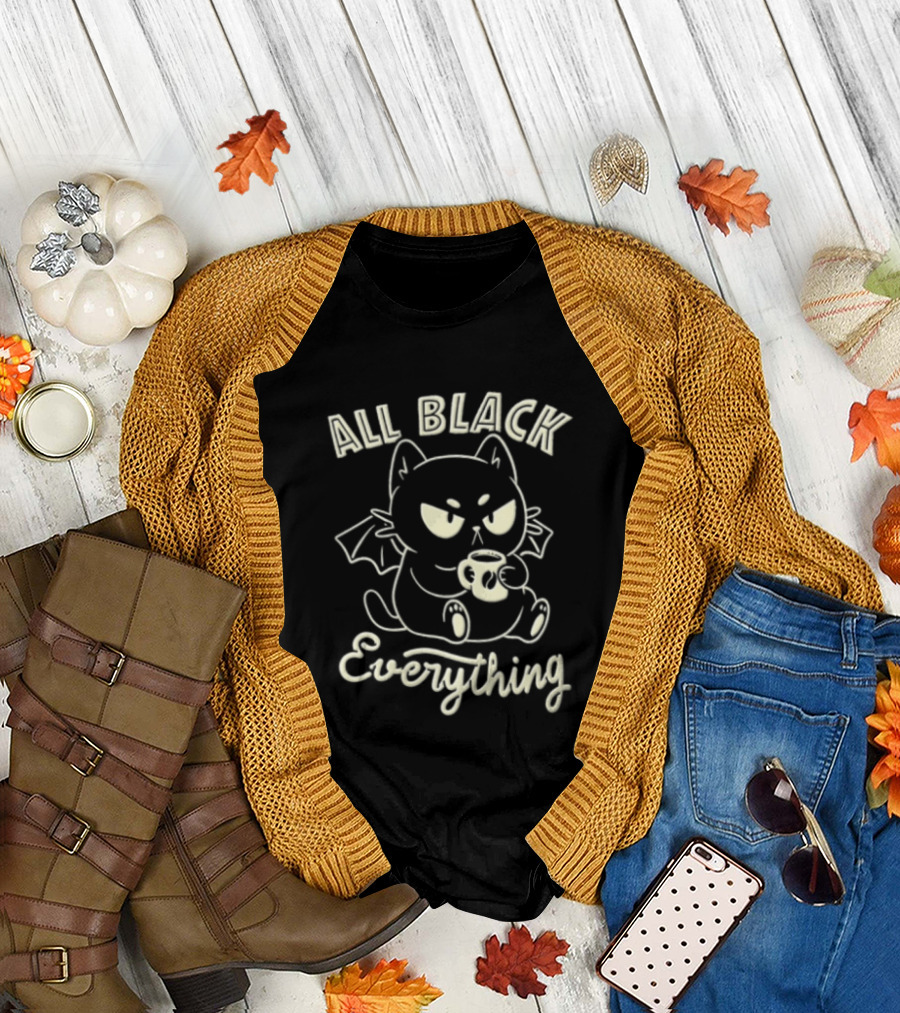 All Black Everything Cartoon Bat Cat Drinking Coffee T-Shirt