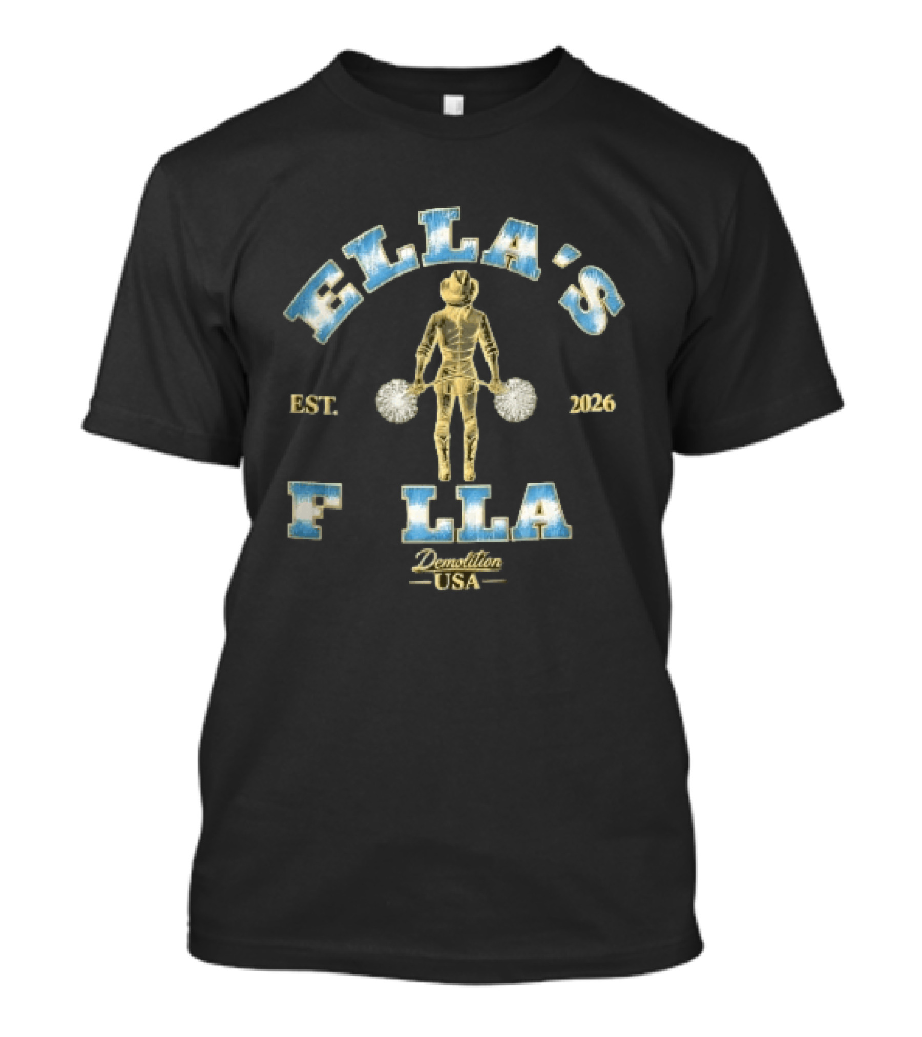 ELLA'S FLLA Est 2026 Demolition USA Golden Cowgirl Cheerleader Back View Holding Pom Poms T-Shirt