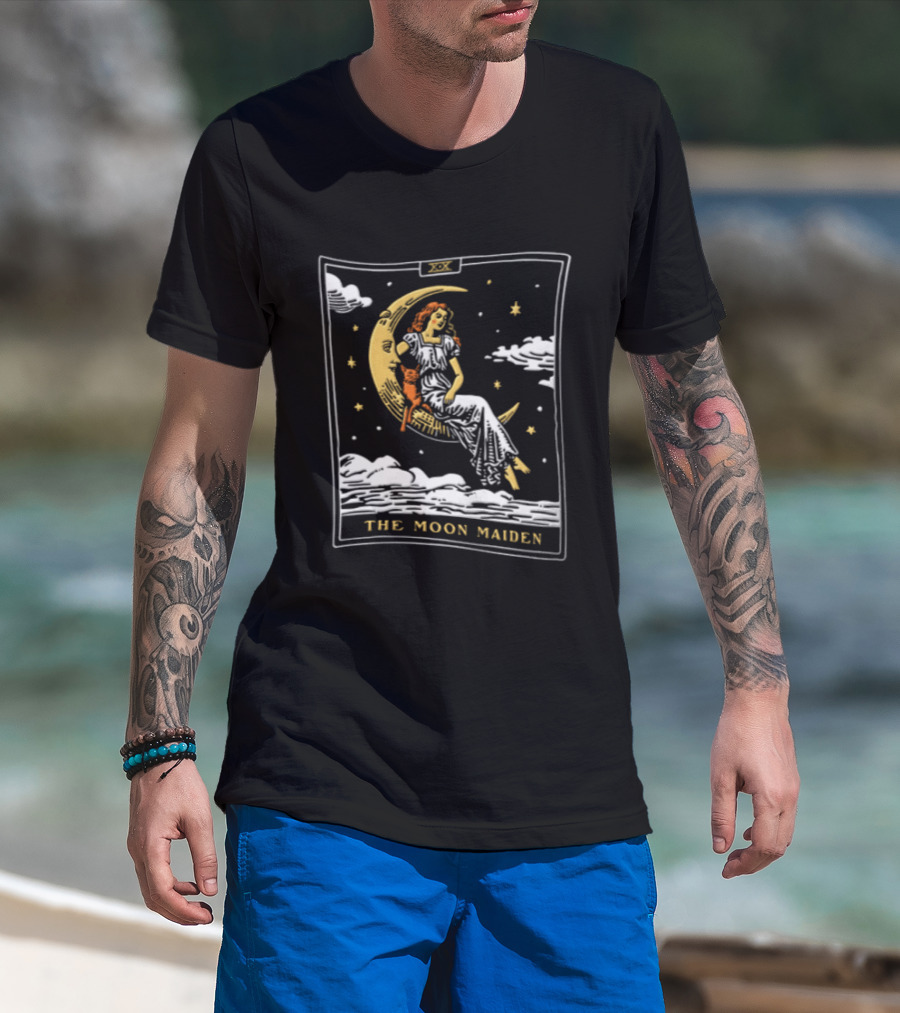 The Moon Maiden Tarot Card Crescent Cat And Stars T-Shirt
