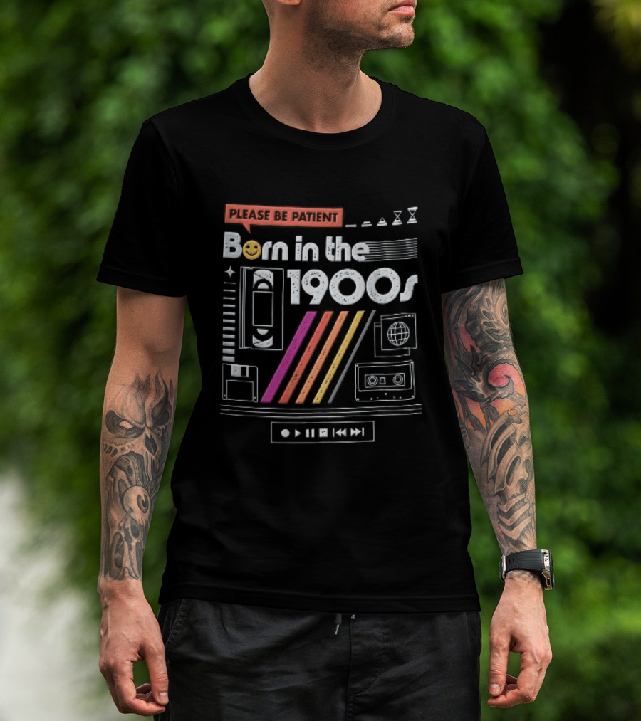 Please Be Patient Born In The 1900s VHS Tape Cassette Floppy Disk Colorful Stripes Retro Technology T-Shirt