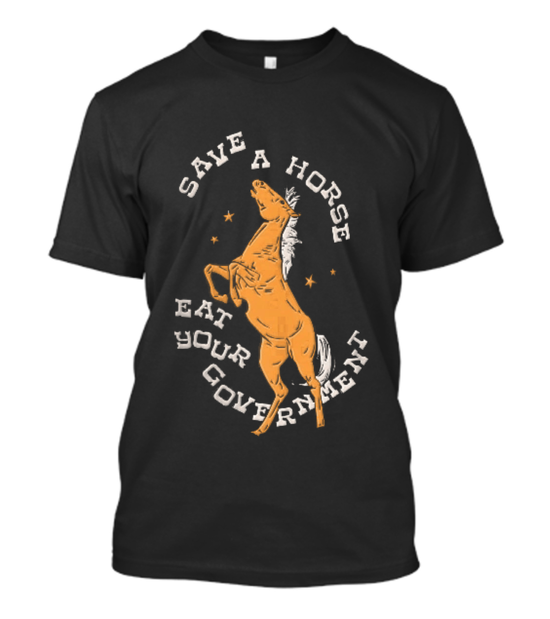 Save A Horse Eat Your Government Rearing Orange Stallion Woodcut Stars T-Shirt