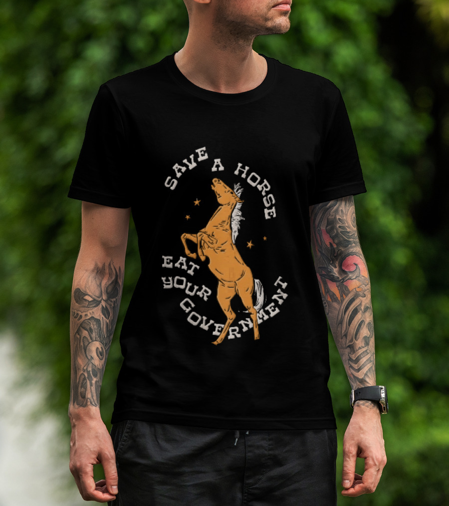Save A Horse Eat Your Government Rearing Orange Stallion Woodcut Stars T-Shirt