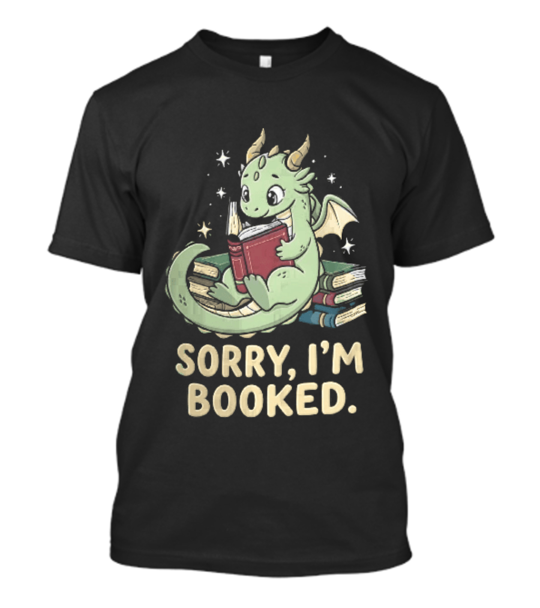 Sorry I'm Booked Cartoon Green Dragon Reading Book With Stars T-Shirt