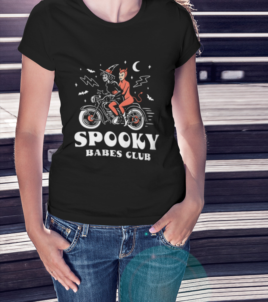 Spooky Babes Club Halloween Witch And Devil Motorcycle Riding T-Shirt