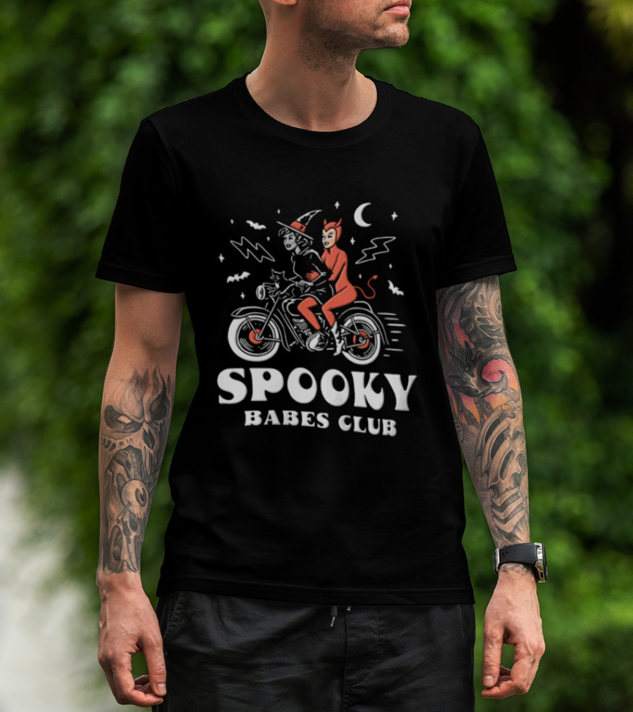 Spooky Babes Club Halloween Witch And Devil Motorcycle Riding T-Shirt