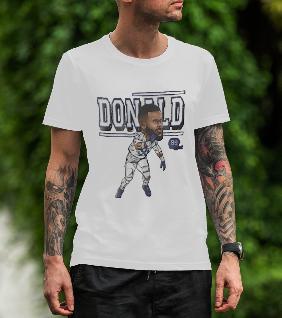 Donald 99 Football Player Blue White Cartoon Caricature Helmet T-Shirt