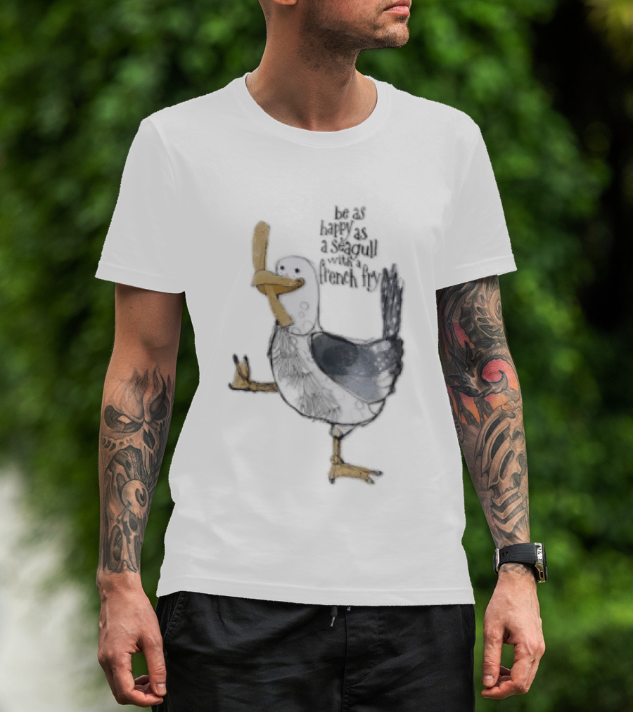 Be As Happy As A Seagull With French Fry Cartoon Bird Holding Yellow Food T-Shirt
