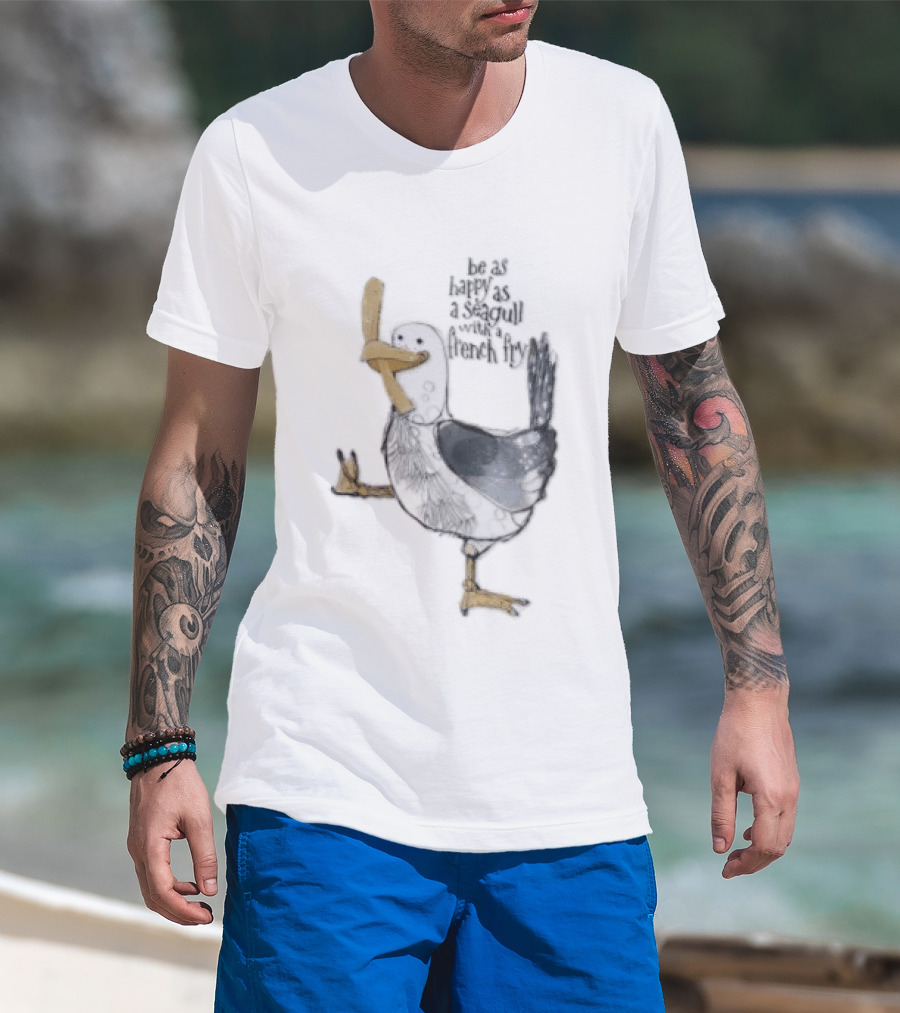 Be As Happy As A Seagull With French Fry Cartoon Bird Holding Yellow Food T-Shirt