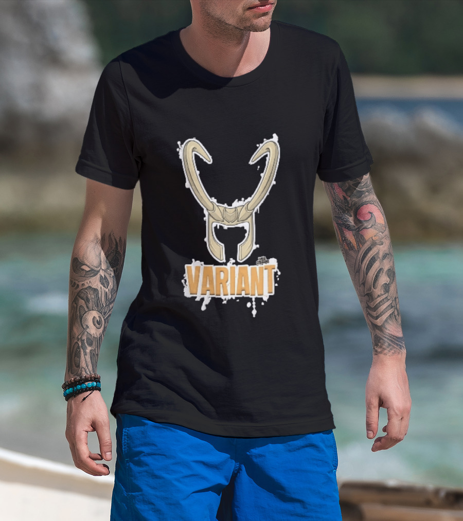 Variant Loki Horned Helmet Golden Horns White Paint Splatter Grunge Cartoon T-Shirt